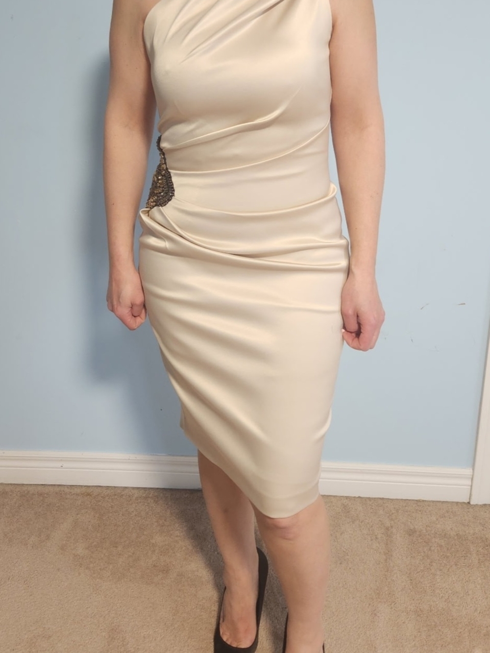 Eliza J Cream One-Shoulder Ruched Cocktail Dress with Side Embellishment